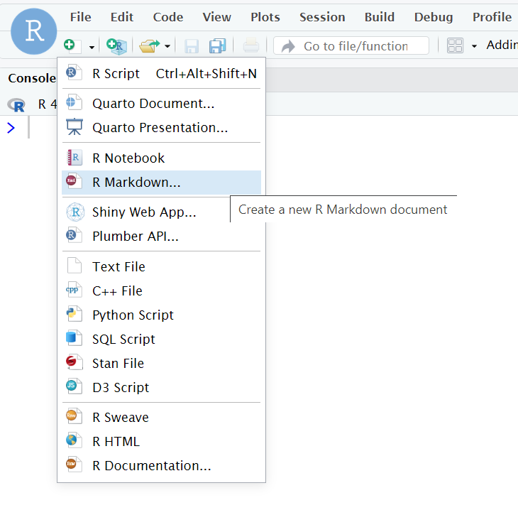screenshot of r markdown menu